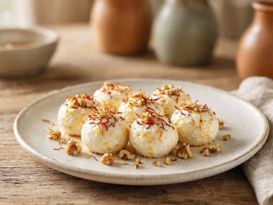 Bouchées rondes de fromage de chèvre frais au safran et éclats de noix sur une assiette en céramique artisanale.