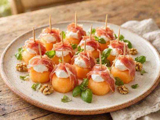 Bouchées apéritives de billes de melon avec jambon cru et fromage de chèvre frais sur une assiette en céramique