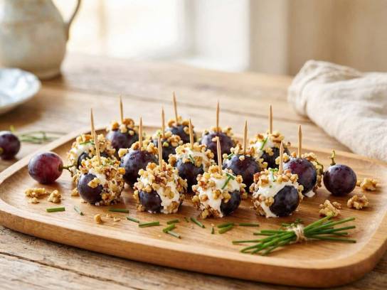 Bouchées de raisin frais enrobées de fromage de chèvre et éclats de noix sur un plateau en bois.