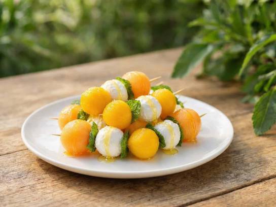Mini brochettes melon charentais, mangue et chèvre frais au miel sur assiette blanche en céramique, table en bois.