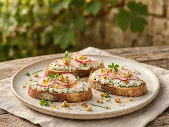 Bruschettas de pain de campagne au chèvre frais, ciboulette, rondelles de radis et noix sur une assiette en céramique.