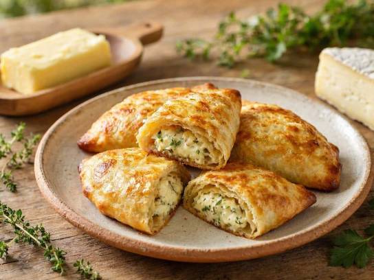 Empanadas dorées à la tomme de chèvre, miel et thym sur table en bois rustique.