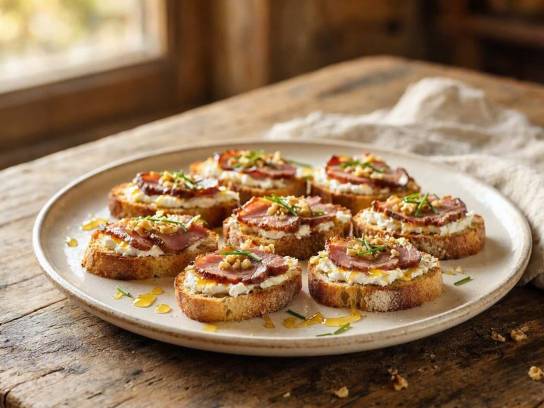 Mini-tartines de magret fumé au fromage de chèvre frais, miel et noix sur une table en bois.