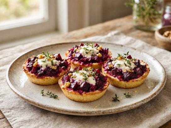Petites tartelettes à la betterave et chèvre frais fondant au thym et noix dans une assiette en céramique.