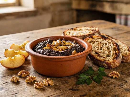 Tartinade de boudin noir aux pommes dans une terrine rustique, servie avec du pain grillé et des noix.