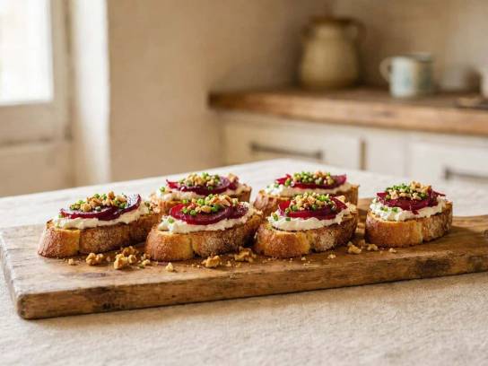Six toasts de baguette au chèvre frais, lamelles de betterave rouge, ciboulette et éclats de noix sur une planche.
