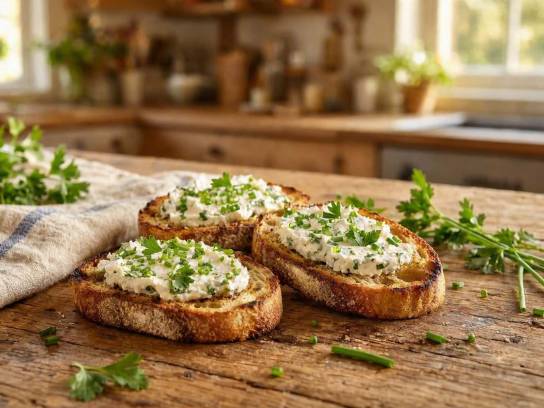 Toasts de chèvre frais à la ciboulette et persil sur des tranches de pain de campagne grillé, posés sur une table rustique.