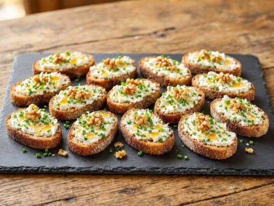 Toasts de chèvre frais au miel, noix et ciboulette sur des tranches de pain de campagne grillé sur une ardoise.