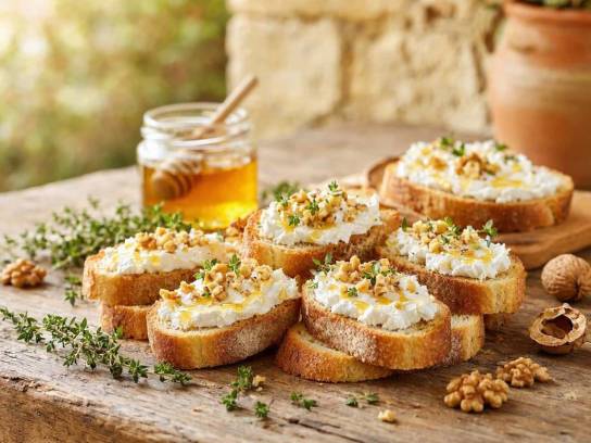 Toasts de chèvre frais au miel, noix et thym sur du pain de campagne, disposés sur une table rustique en bois.