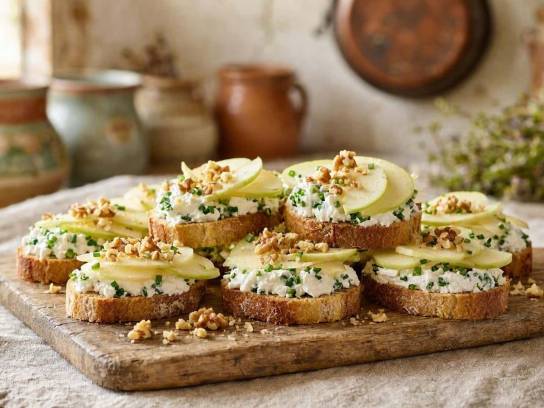 Toasts de chèvre frais à la ciboulette, fines lamelles de pomme et noix concassées sur une planche en bois.