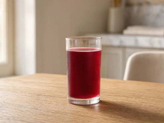 Verre de jus de betterave rouge rubis posé sur une table en chêne clair. (71 car.)