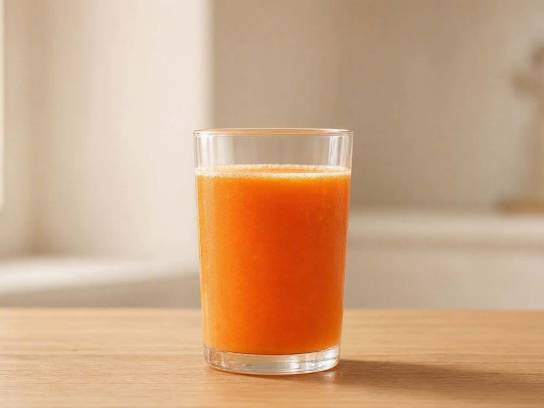 Verre de jus de carotte orange vif fraîchement pressé posé au centre d’une table en bois clair.