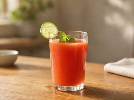 Verre de jus de légumes d'été rouge orangé avec du basilic et une tranche de concombre sur une table en bois.