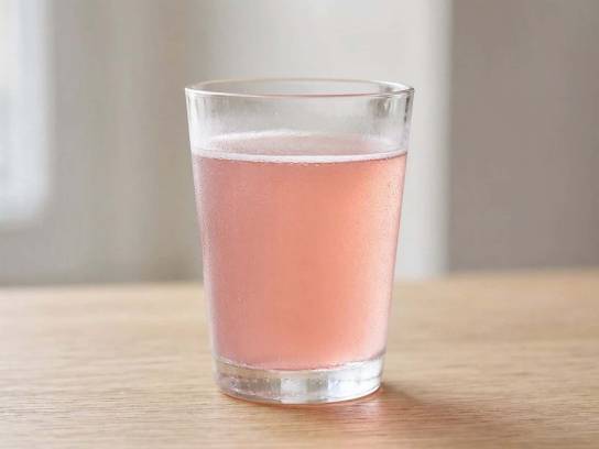 Verre de jus de radis rose très frais posé au centre d’une table en bois clair.