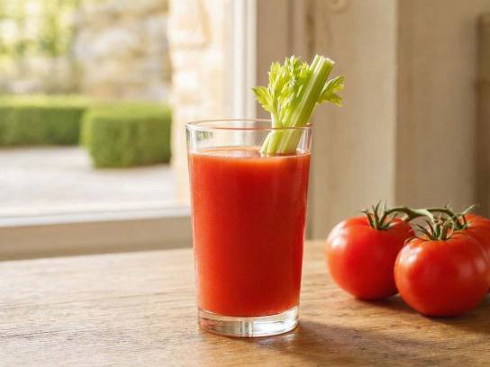 Verre de jus de tomate rouge avec une branche de céleri et des tomates mûres sur une table en bois.