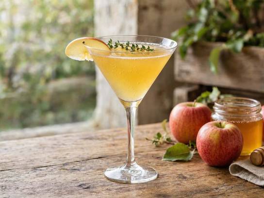 Mocktail pomme et miel en verre martini avec tranche de pomme et thym sur une table en bois rustique