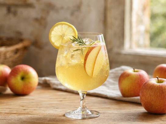 Verre de mocktail Spritz pomme citron avec glaçons, rondelle de citron, tranche de pomme et romarin sur table en bois.