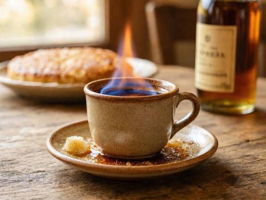 Brûlot charentais traditionnel flambé au Cognac dans une tasse en grès, avec sucre caramélisé et galette charentaise.