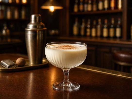 Cocktail Alexander crémeux à la muscade dans une coupe sur le comptoir en bois d'un bar rétro
