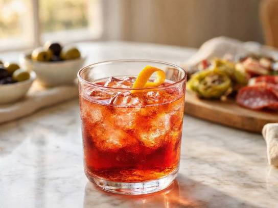 Cocktail Americano rouge avec glaçons et zeste d'orange dans un verre old fashioned.