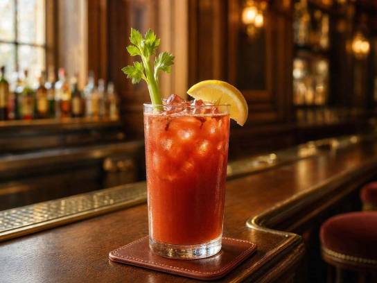 Cocktail Bloody Mary traditionnel rouge en verre highball avec une branche de céleri et un citron sur un sous-bock.