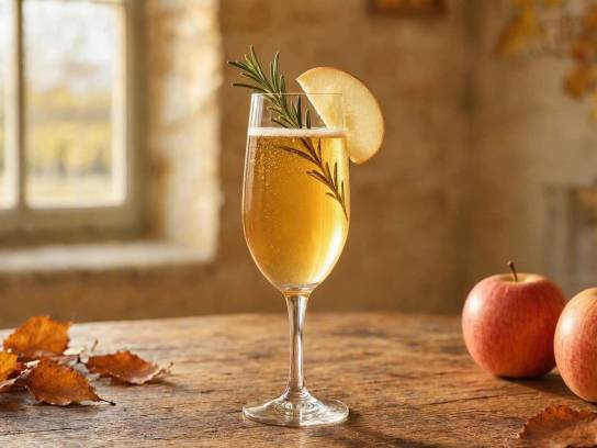 Cocktail Bulles d'automne au Pineau des Charentes dans une flûte, avec tranche de pomme, romarin et décor automnal.