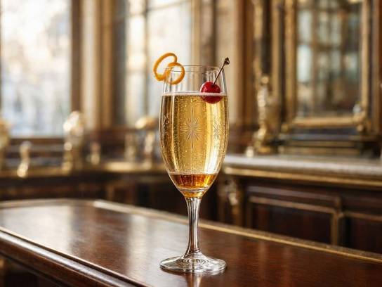 Cocktail Champagne traditionnel au cognac dans une flûte vintage avec zeste d'orange et cerise, ambiance bar Belle Époque.