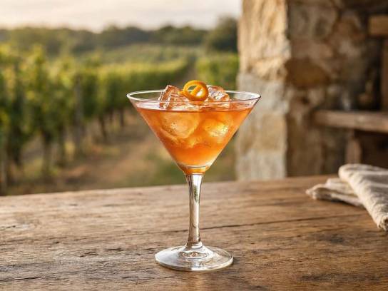 Cocktail charentais au Pineau et Cognac dans un verre martini, avec zeste d'orange devant un vignoble en arrière-plan.