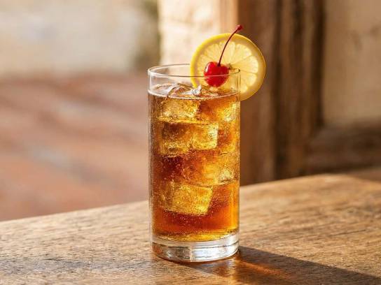 Cocktail Cognac Collins avec glaçons, rondelle de citron et cerise sur une table en bois rustique.