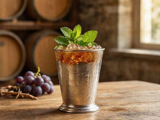 Cocktail Cognac Julep givré avec glace pilée et menthe fraîche dans un verre en métal, sur fond de chai charentais.