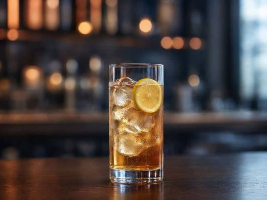 Cocktail Cognac tonic avec glaçons et citron dans un verre highball sur un comptoir de bar chic