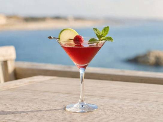 Cocktail Écume d’Oléron rouge rubis en verre martini avec pomme verte et framboise sur une table en bois.