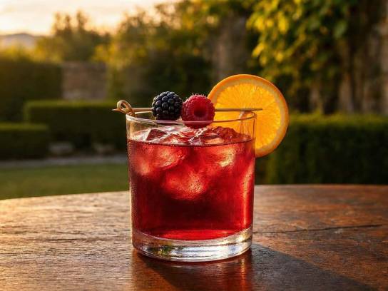 Cocktail Été Indien au Pineau des Charentes rouge dans un verre tumbler avec mûre, framboise et orange sur table en bois.