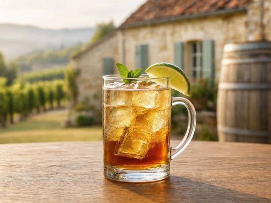 Cocktail French Mule au cognac dans un mug en verre transparent avec glaçons, citron vert et menthe sur une table en bois.
