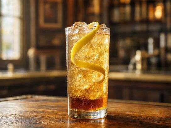Cocktail Horse's Neck au bourbon et ginger ale avec un long zeste de citron spirale dans un verre highball