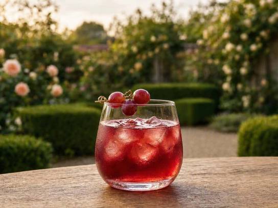 Cocktail Jardin de Lozay rouge au Pineau des Charentes et Cognac avec brochette de raisins sur une table en bois dans un jardin.