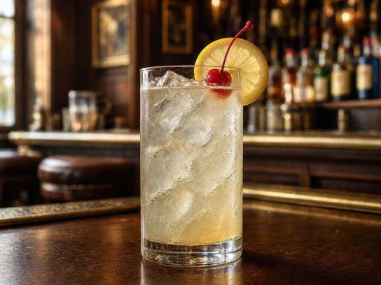 Cocktail John Collins traditionnel au gin et citron avec glaçons, servi dans un bar élégant.