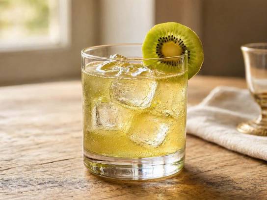 Cocktail Kiwignac au cognac, sirop de kiwi et limonade dans un verre à whisky avec glaçons et tranche de kiwi, sur une table en bois clair.