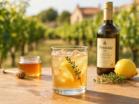 Cocktail Lady Bee au Pineau des Charentes avec glaçons, citron et thym sur une table en bois
