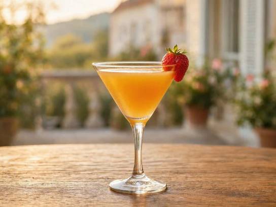 Cocktail Lancer Franc au cognac et jus d'orange avec une touche de fraise dans un verre martini, sur table en bois.