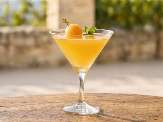 Cocktail Melon-Pineau charentais dans un verre martini avec bille de melon et menthe, posé sur une table en bois.