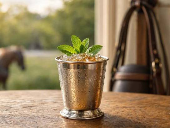 Cocktail Mint Julep traditionnel givré au bourbon avec glace pilée et menthe fraîche, servi dans un gobelet métallique sur table en bois.