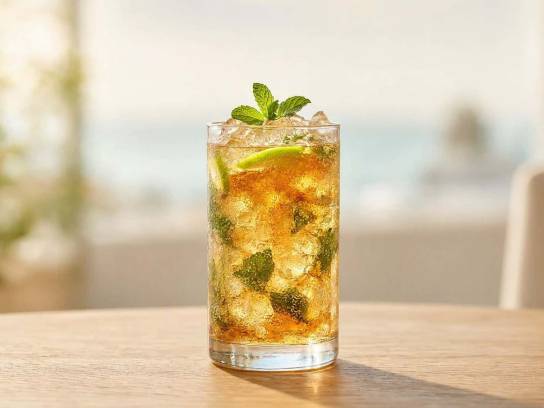 Cocktail Mojignac au cognac dans un verre highball avec de la menthe pilée, du citron vert et de la glace.