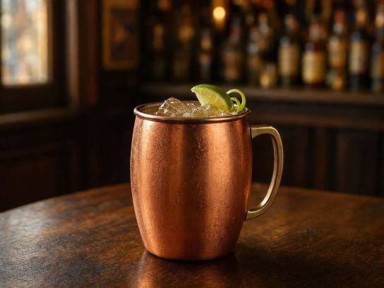 Cocktail Moscow Mule avec citron vert dans un mug en cuivre givré, posé sur une table en bois dans une ambiance bar des années 1940.