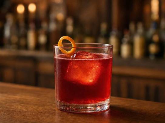 Cocktail Negroni Charentais avec glaçon et zeste d'orange dans un verre old fashioned sur un bar en bois