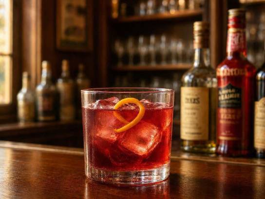 Cocktail Negroni rouge rubis avec zeste d'orange et glaçons dans un verre old fashioned, sur fond de bar italien vintage.