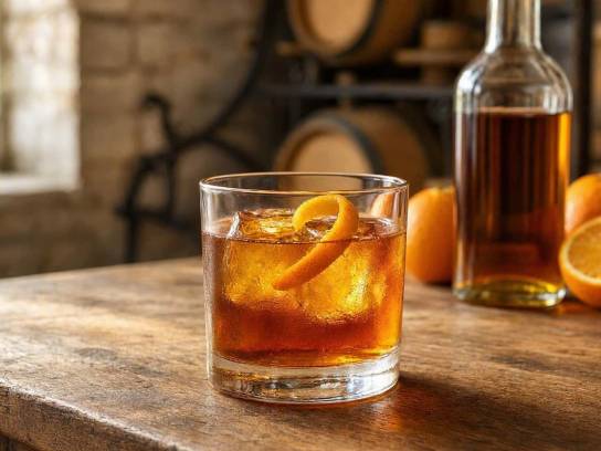 Cocktail Old Fashioned au Cognac avec glaçons et zeste d'orange sur une table en bois dans un chai. (101 caractères)