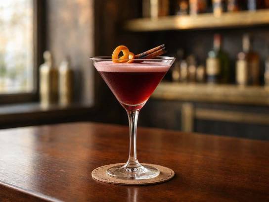 Cocktail Pin'autre chose au Pineau des Charentes rouge dans un verre à martini avec mousse rose, zeste d'orange et cannelle.