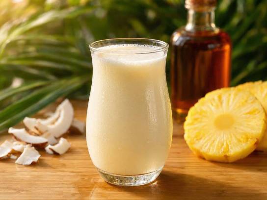 Cocktail Piña Colada dans un verre Hurricane sur un bar en bambou avec décor tropical d'ananas