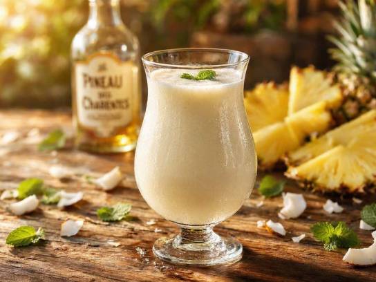 Cocktail Pineau Colada dans un verre Hurricane sur une table en bois rustique